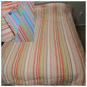 Reversible Pottery Barn Quilt, stripes, pink blue yellow green, PB Teen Twin